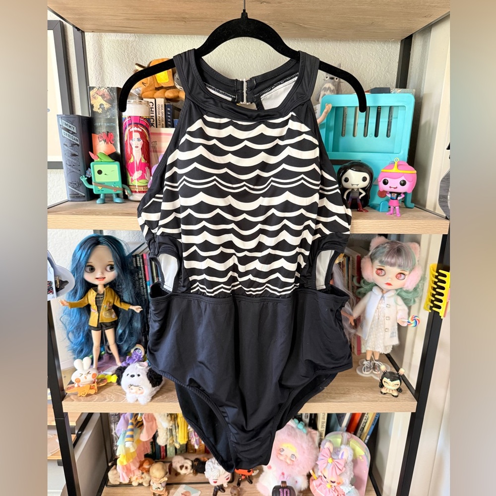 Clean Water one piece swimsuit with side cut outs, black and white wave pattern